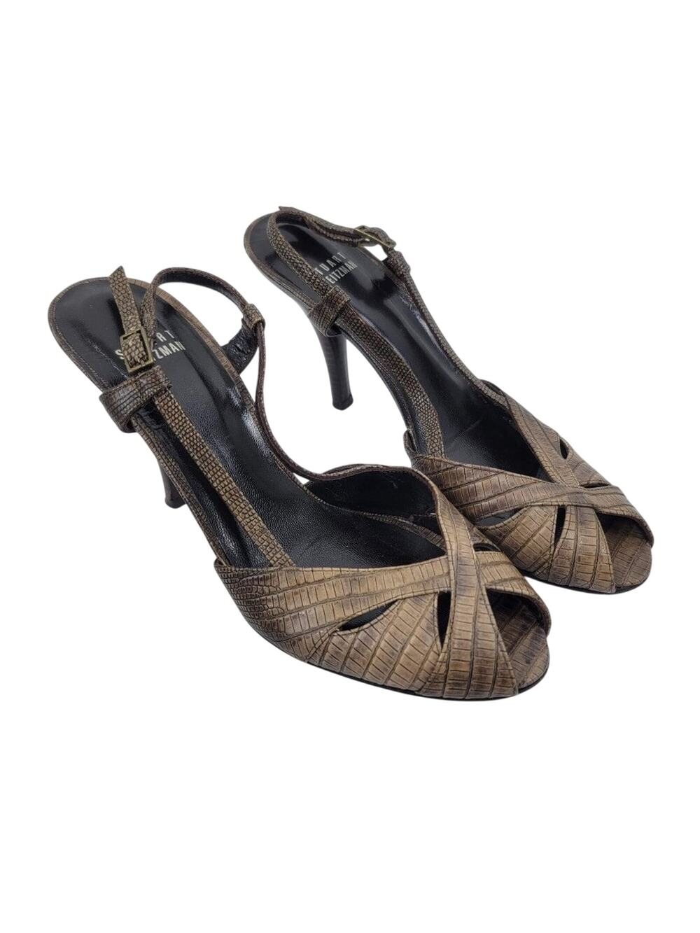 Stuart Weitzman Snakeskin Strappy Pumps Leather Peep Toe Brown Size 7.5M